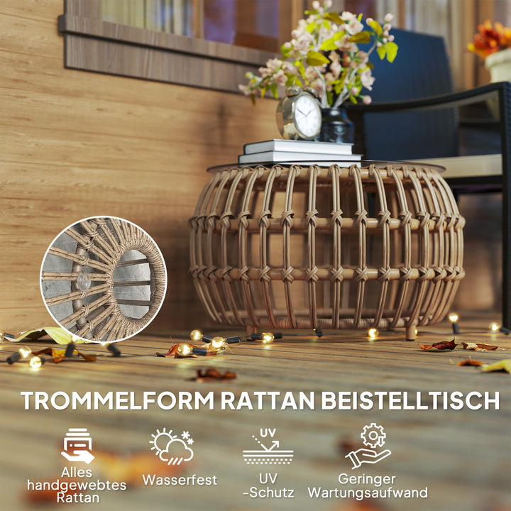 Sæt med 2 sideborde, polyrattan, Ø66/42 cm, rundt, vejrbestandigt, havebord med glasplade, brunt