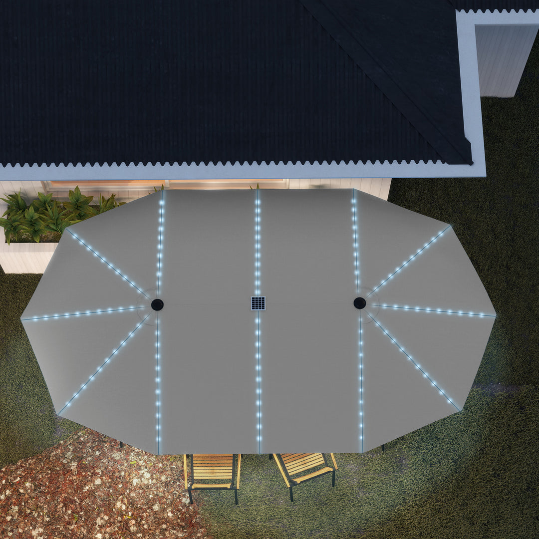 Dobbeltparasol med solcellelys, aluminium, polyester, upf 50+ beskyttelse, uv-resistent, terrasseparasol, mørkegrå