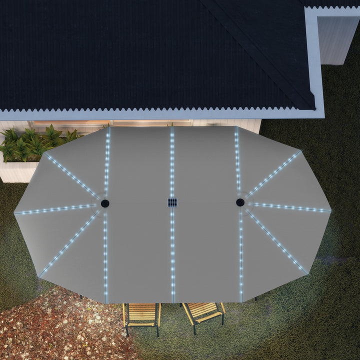 Dobbeltparasol med solcellelys, aluminium, polyester, upf 50+ beskyttelse, uv-resistent, terrasseparasol, mørkegrå