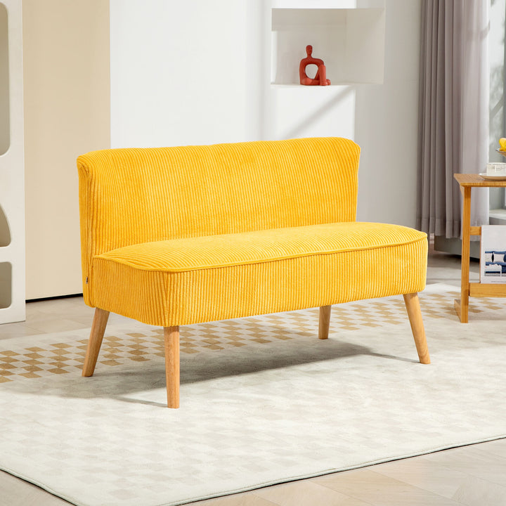 To-personers sofa, elegant skandinavisk design, massivt træstel, op til 150 kg, 117 x 56,5 x 77 cm, gul