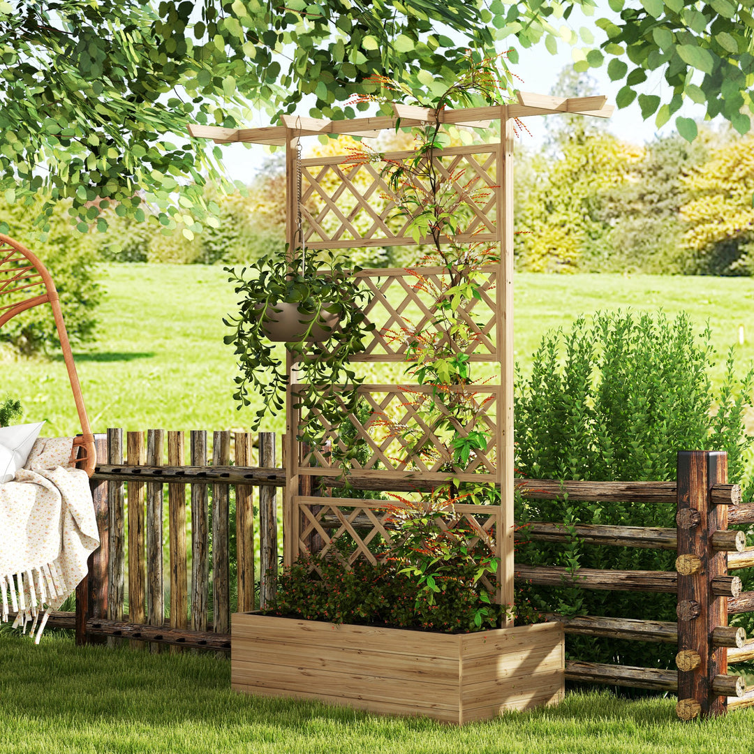 Plantekasse med espalier, firkantet træplantekasse med bagespalier til klatreplanter og tag