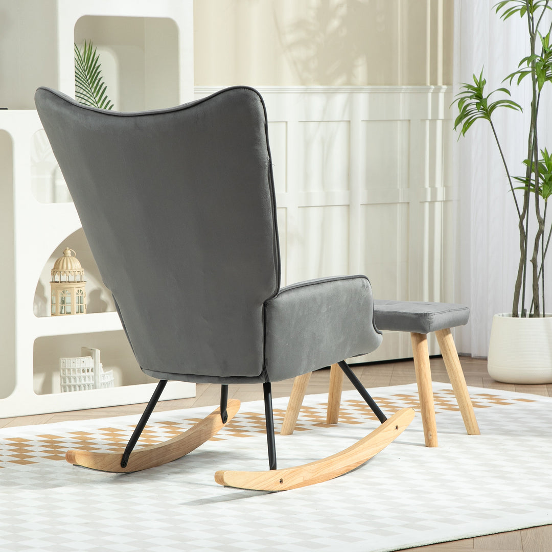 Accentstol med fodskammel, polstret, høj ryg, fløjlslook, op til 150 kg, mørkegrå