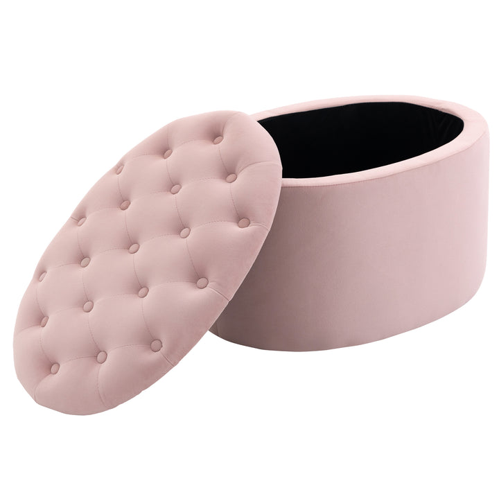 Bænk med opbevaringsplads, polstret bænk med fløjlslook, oval formet kommodebænk til stue, soveværelse, entre, 71 x 52 x 42 cm, lyserød