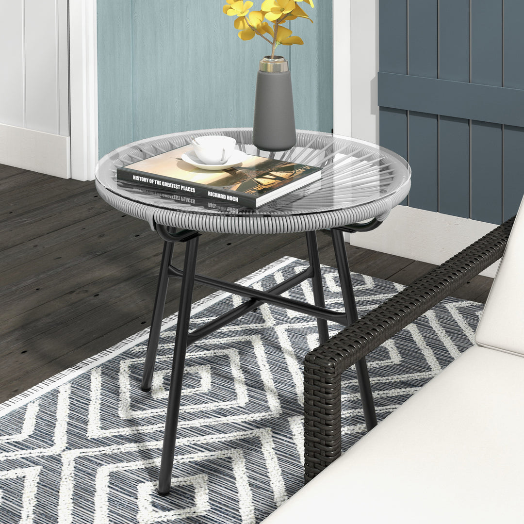 Havebord i bohemestil, udendørs sidebord, PE-rattan, hærdet glas, vejrbestandigt, 50 cm x 50 cm x 50 cm, grå
