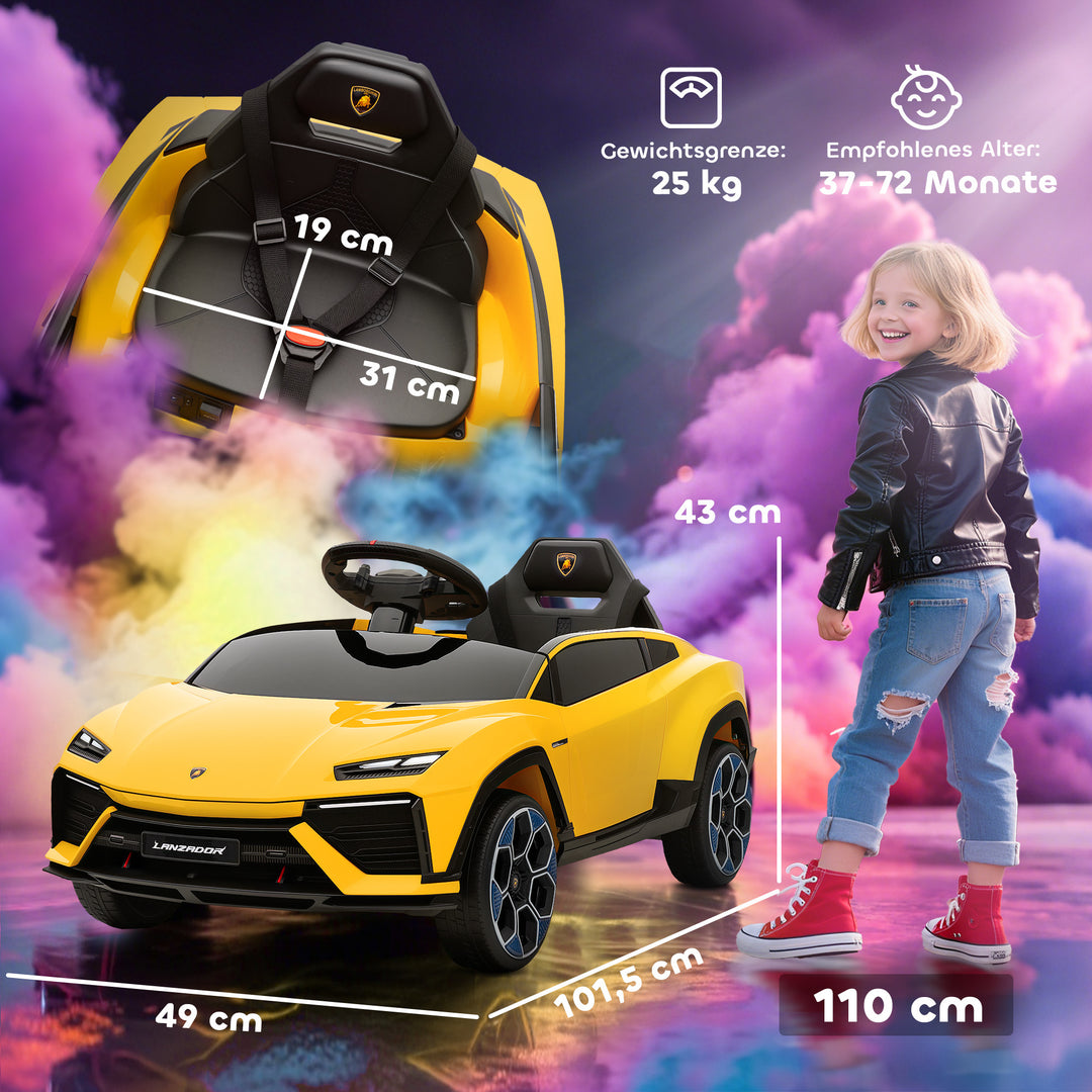 Børne elbil, 12V, med 2,4 GHz fjernbetjening, 2 motorer, horn, LED-lys, musik, 101,5 x 49 x 43 cm, gul