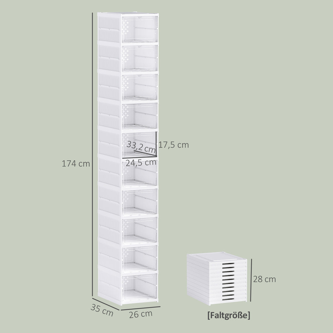 10-etagers skoreol, skoskab, foldbart, ventileret bagside, plast, hvid