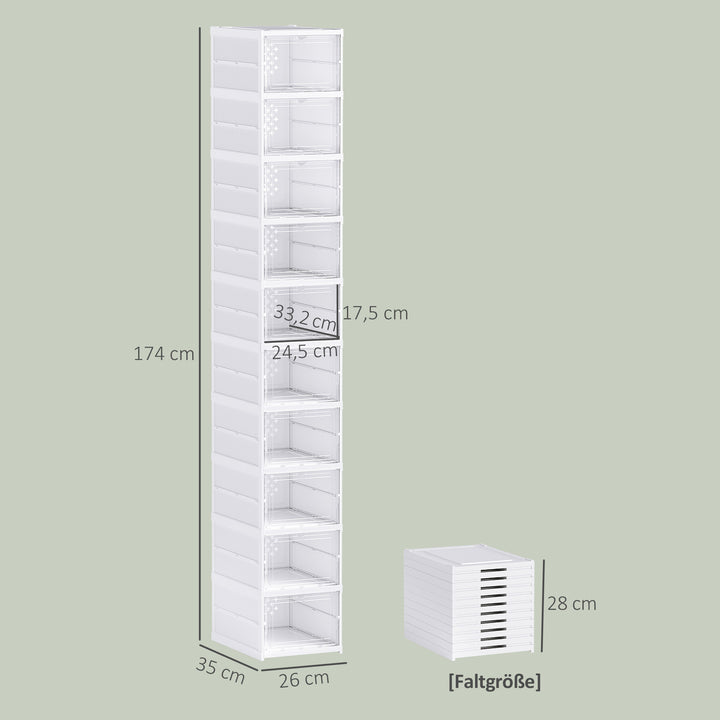 10-etagers skoreol, skoskab, foldbart, ventileret bagside, plast, hvid