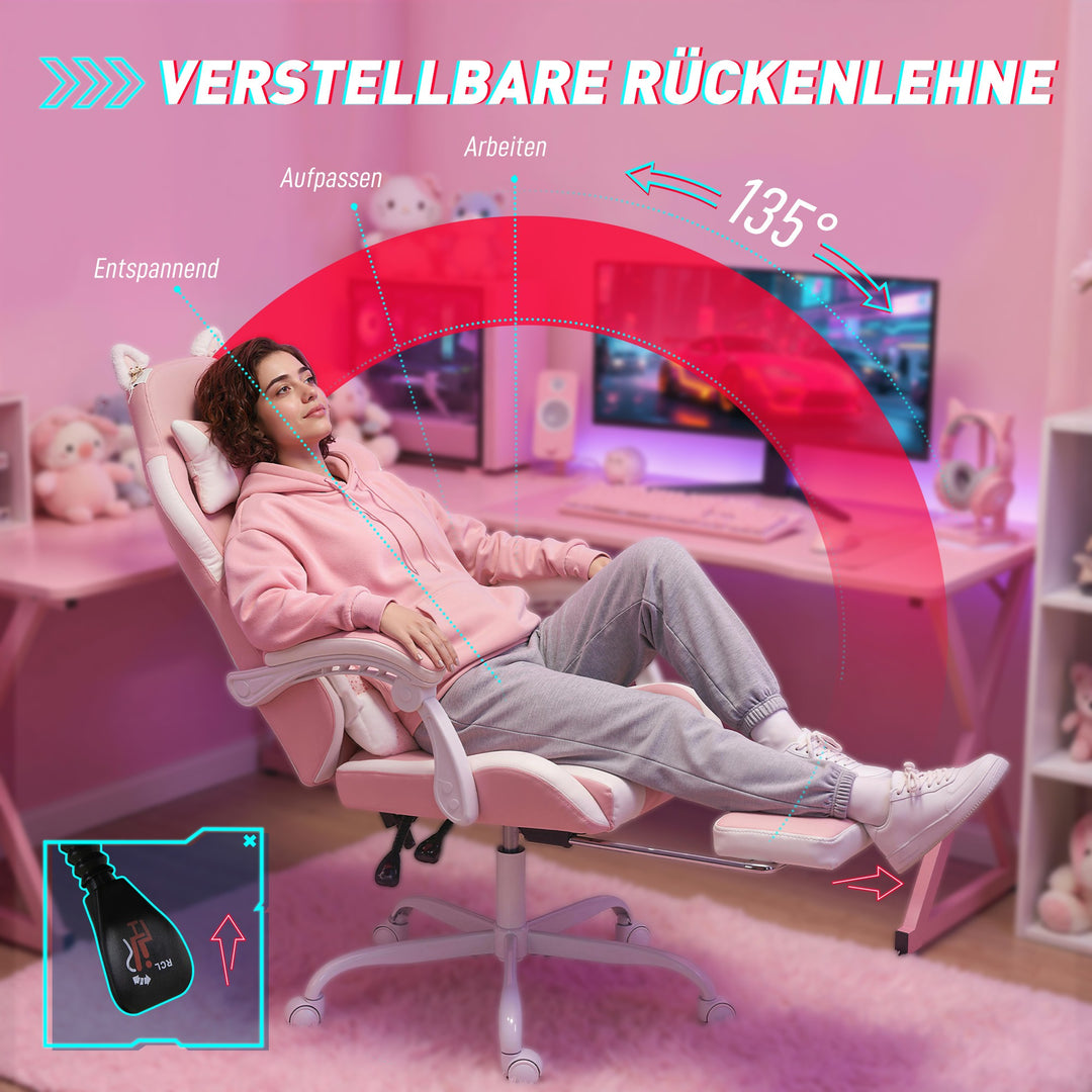 Ergonomisk gamingstol, katteøre gamerstol lavet af kunstlæder med lændestøtte, fodstøtte, nakkestøtte, pink