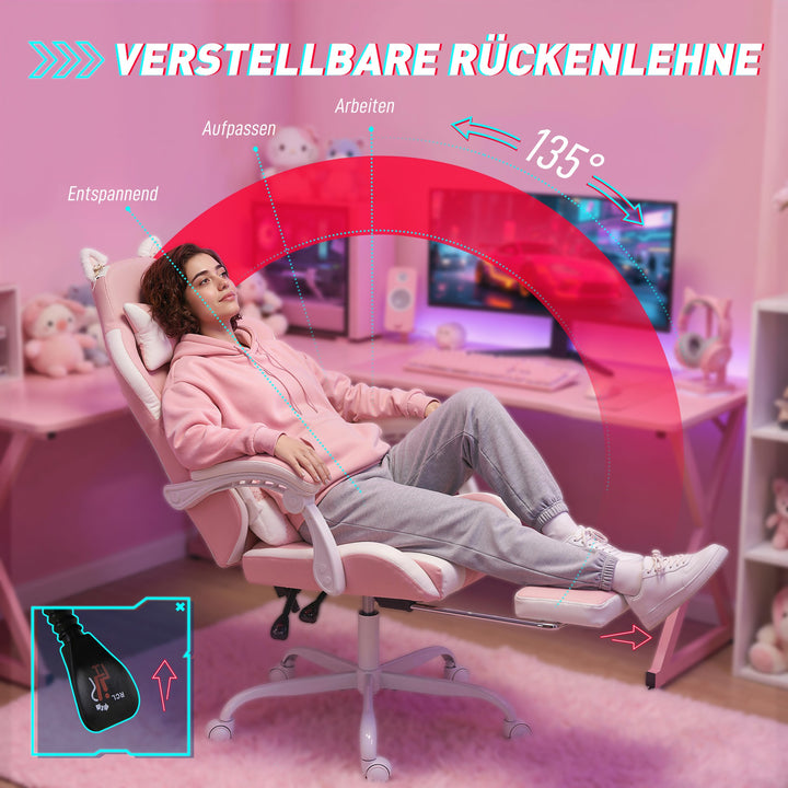 Ergonomisk gamingstol, katteøre gamerstol lavet af kunstlæder med lændestøtte, fodstøtte, nakkestøtte, pink