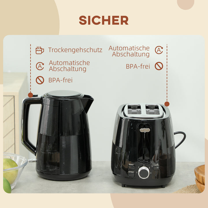 Elkedel- og brødristersæt, 1,7 L, forskellige funktioner, rustfrit stål, sort