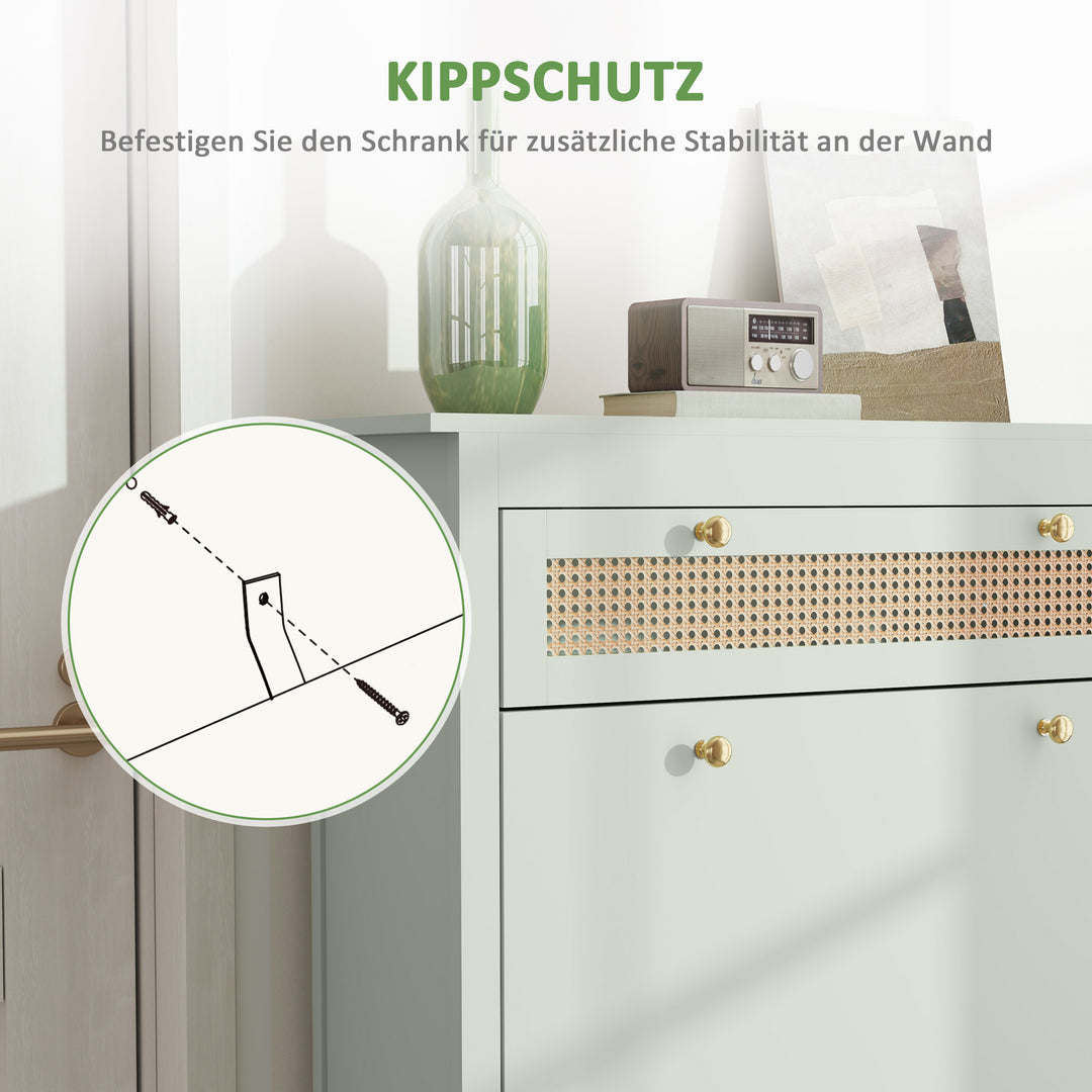 Skoskab til 12 par sko, med 1 udtræksskuffe, 2 vippeskuffer, skokommode, 88 x 30 x 120 cm, grøn