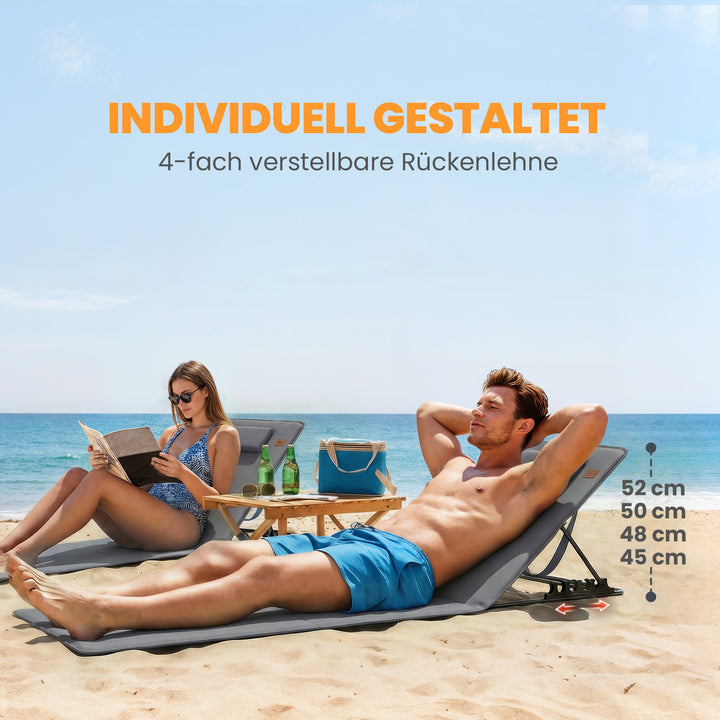 Sæt med 2 strandmåtter med justerbar ryglæn, foldbar, letvægts strandstol med nakkestøtte og opbevaringstaske