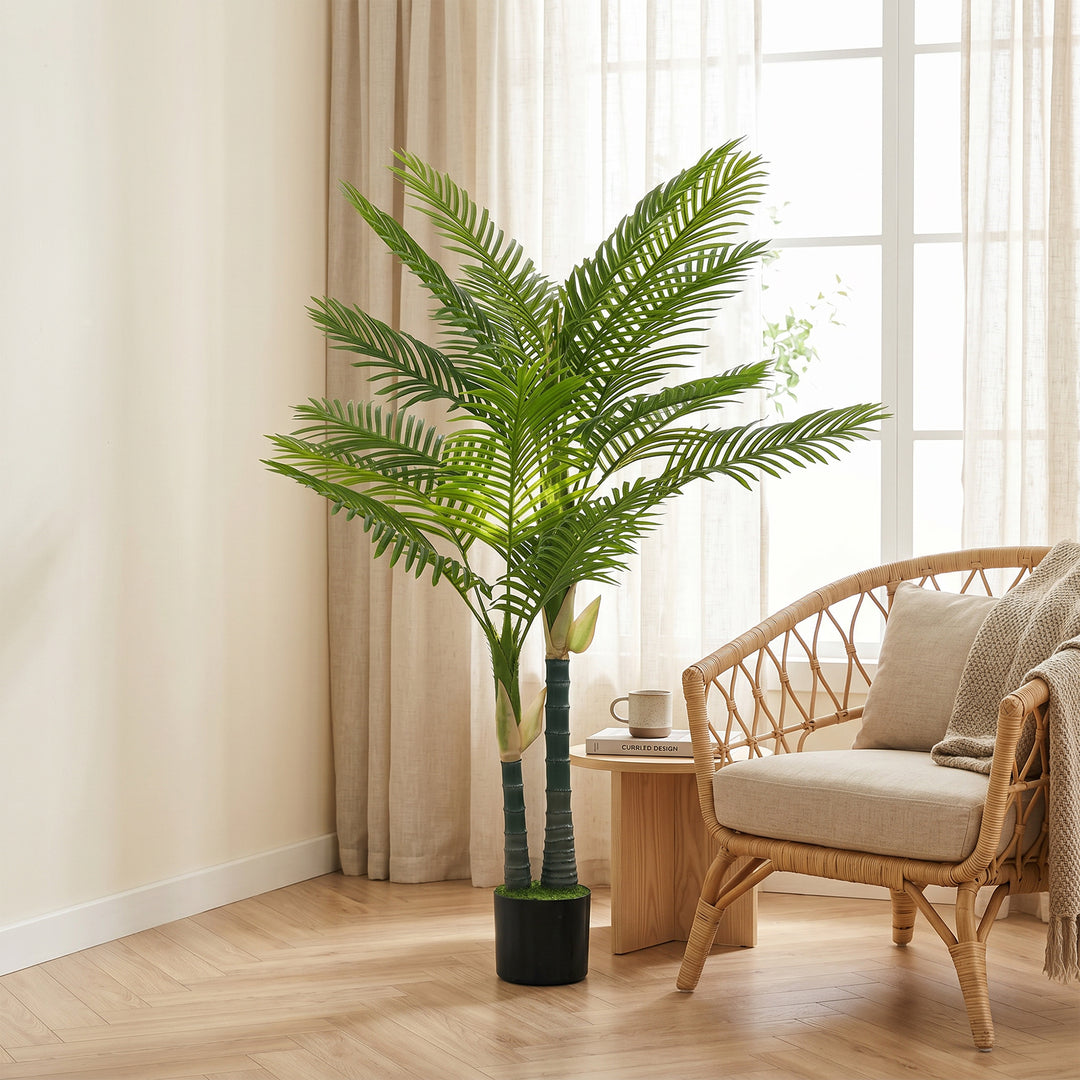 Kunstig palme 150 cm, kunstig palme med 16 palmeblade, stor kunstig plante i potte til stue, balkondekoration, grøn