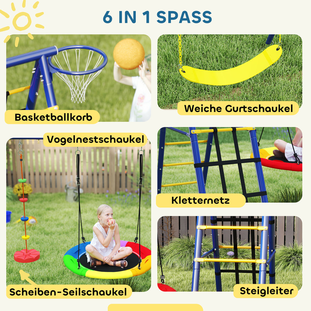 Børnegyngesæt, stål, 3-8 år, 6-i-1 design, farverig