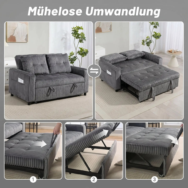 2-personers sovesofa i fløjl, omdannes nemt til seng, inkl. 2 puder og sidelommer, 157 x 190 cm, mørkegrå