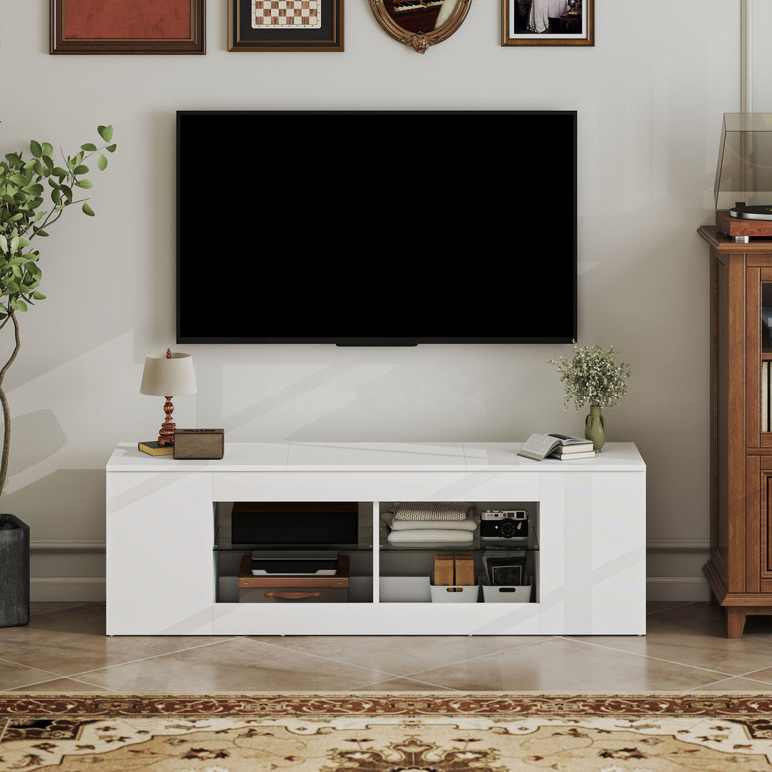 140 cm TV-bord, TV-skab, 6 rum, 2 glashylder, spånplade, hvid