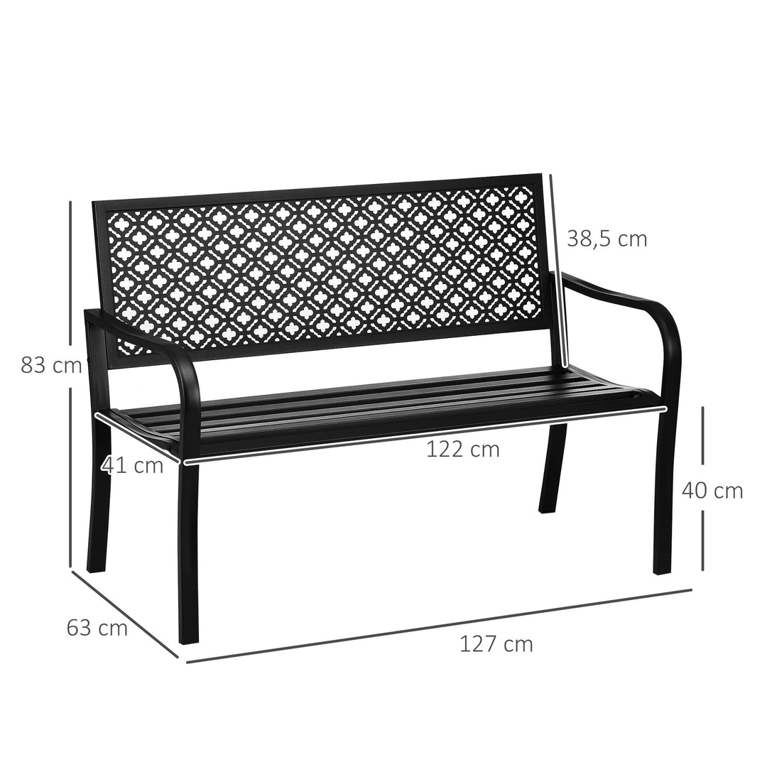 Metal havebænk, 2-personers, blomstermønster, vejrbestandig, 127 x 63 x 83 cm, sort
