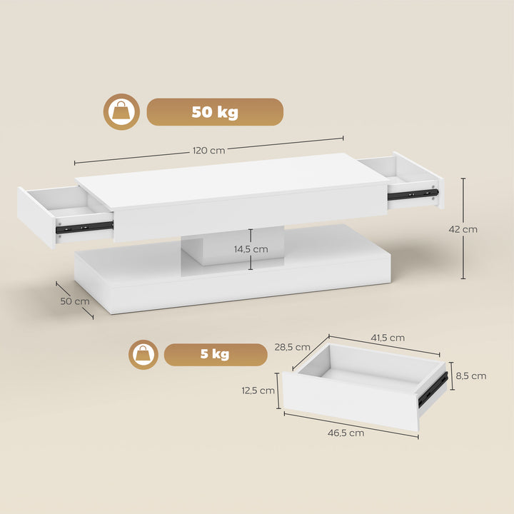 Stuebord med skuffer og led-lys, moderne sofabord med åben hylde, sofabord, spånplade, hvid