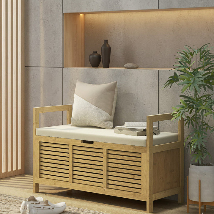 Entrébænk med opbevaringsplads, skobænk, blødt sæde, bambus, 100x40x60 cm