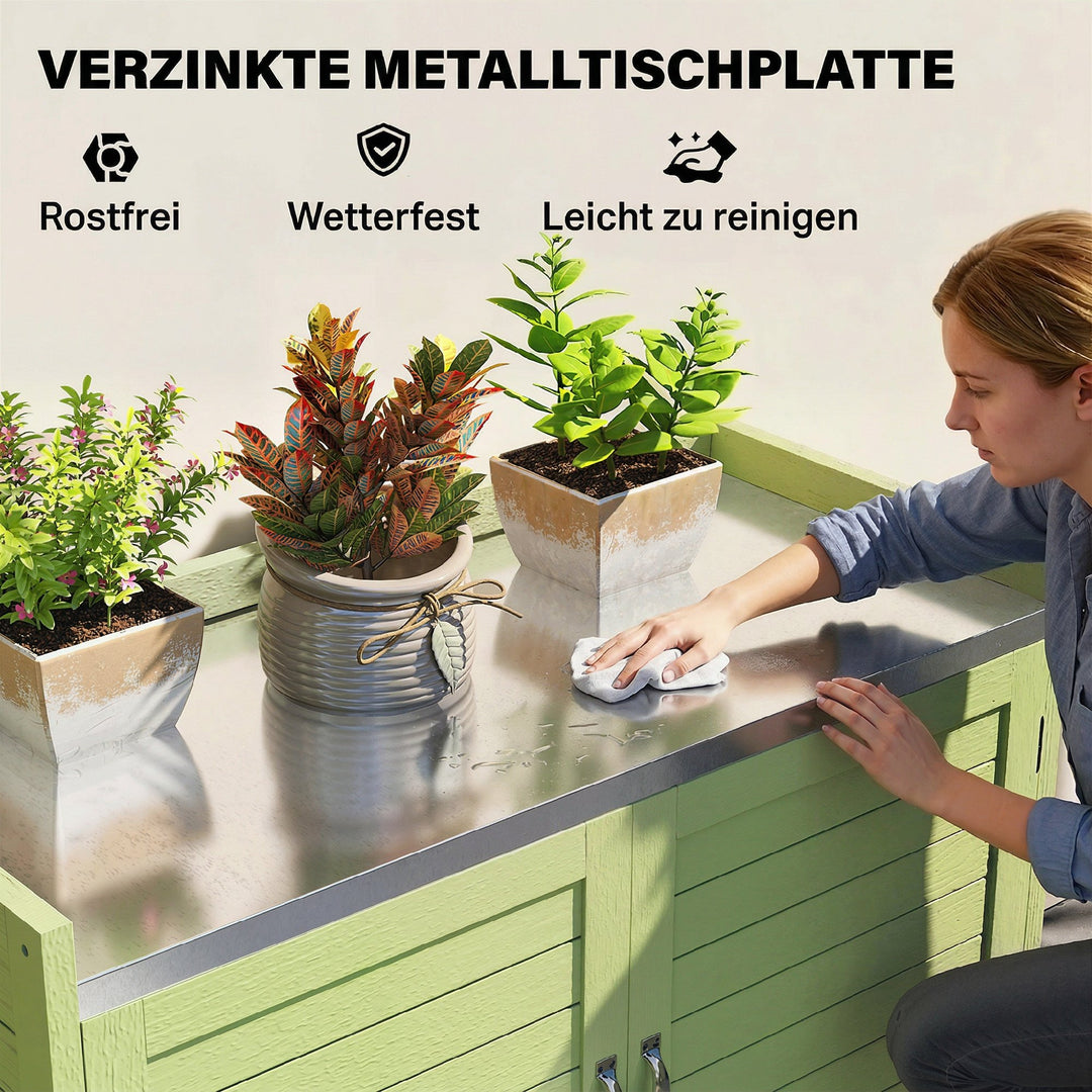 Plantebord med træunderskab, udendørs haveskab med galvaniseret bordplade, 3 hylder, 88x40x70,5 cm, grøn