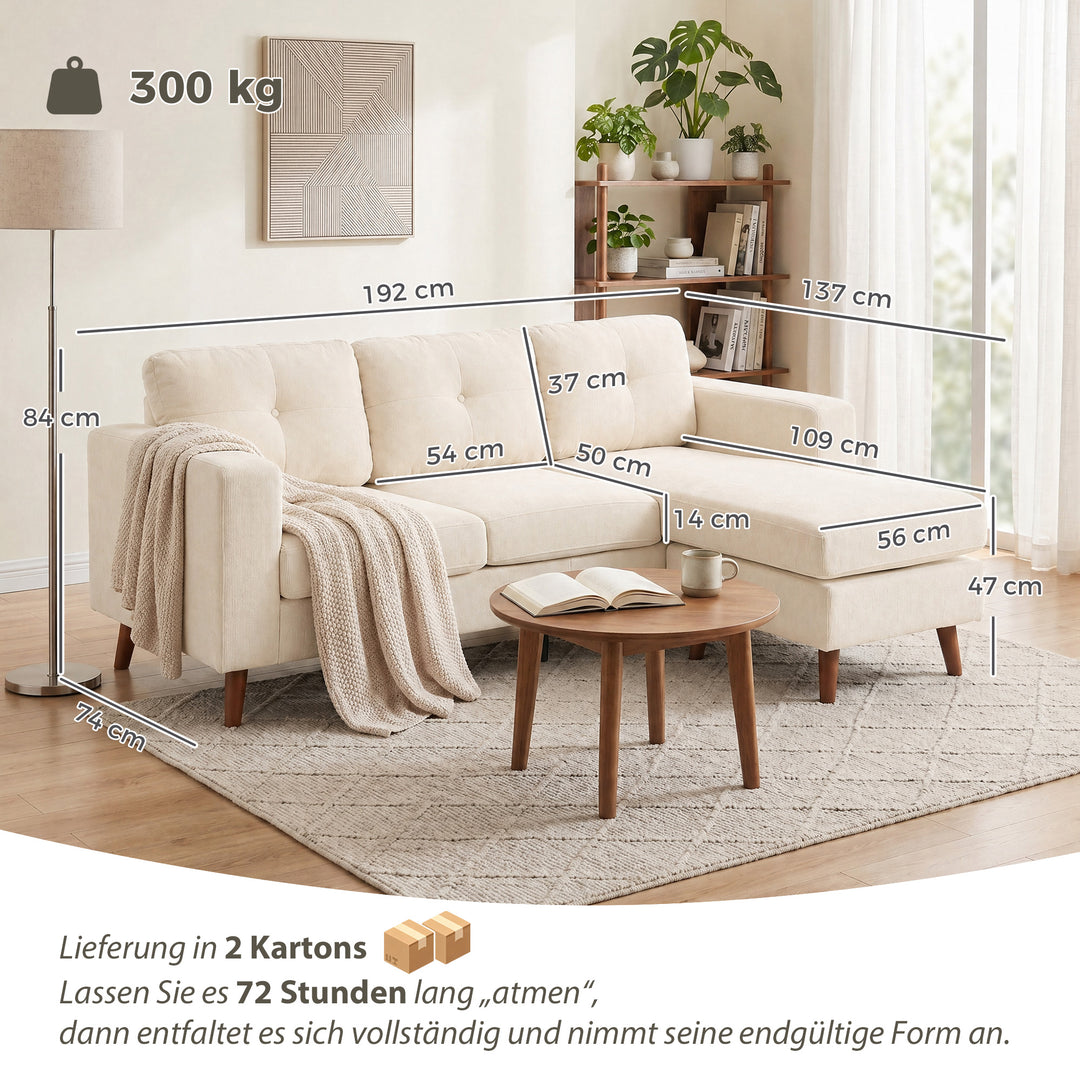 Hjørnesofa 192 cm L-formet 3-personers sofa med vendbar chaiselong, corduroy-look, til små rum, cremehvid