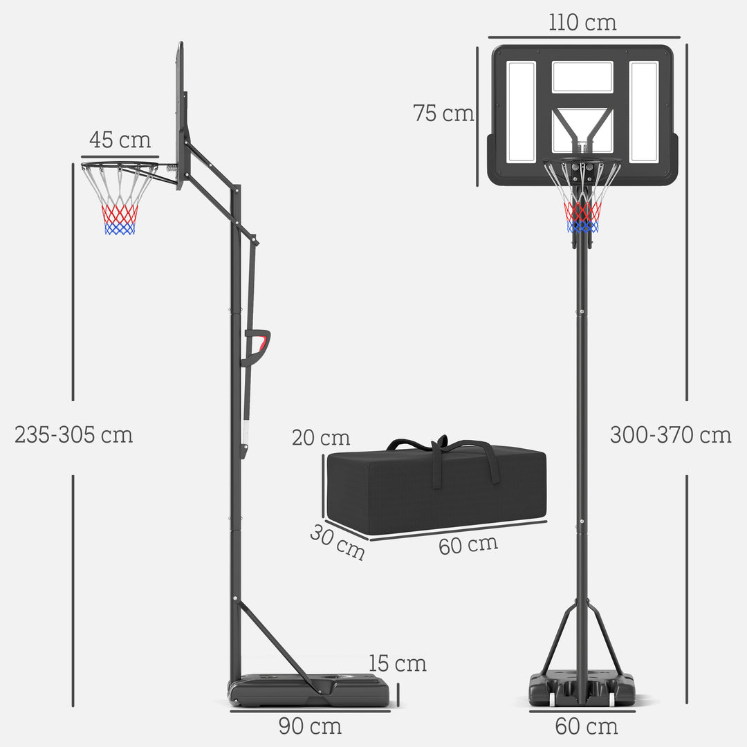 Basketballstativ, højdejusterbar kurvhøjde 235-305 cm, fyldbar bund med hjul, sort