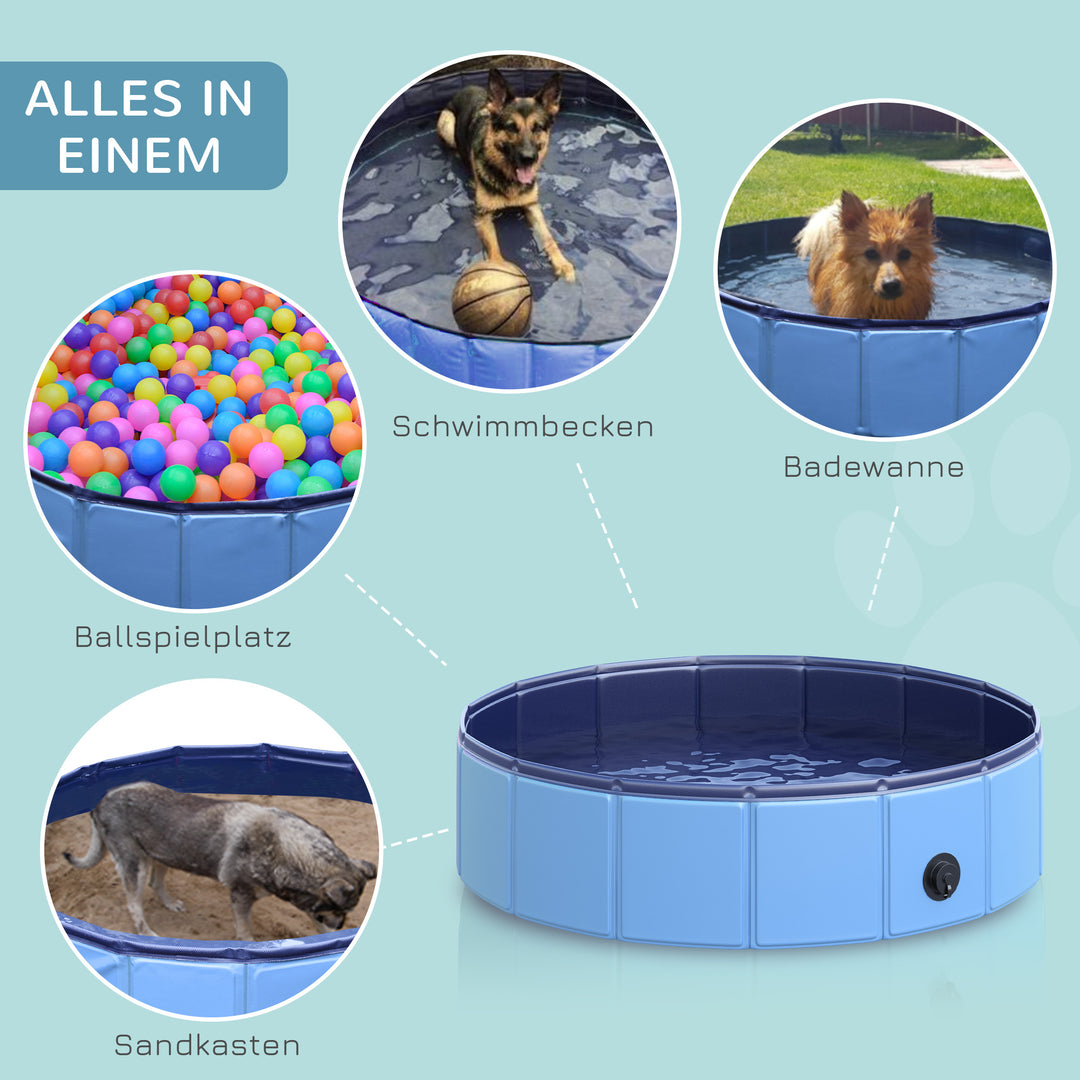 Sammenklappeligt hundebadekar, hundepool, swimmingpool, børnepool, badekar til hunde og katte, vandbassin af plastik og træ, Ø80 x H20 cm, blå