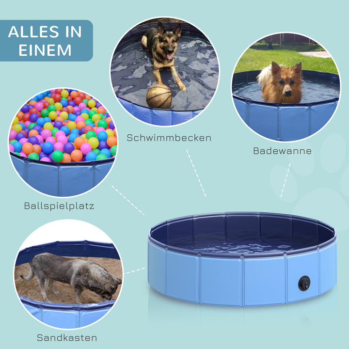 Sammenklappeligt hundebadekar, hundepool, swimmingpool, børnepool, badekar til hunde og katte, vandbassin af plastik og træ, Ø80 x H20 cm, blå