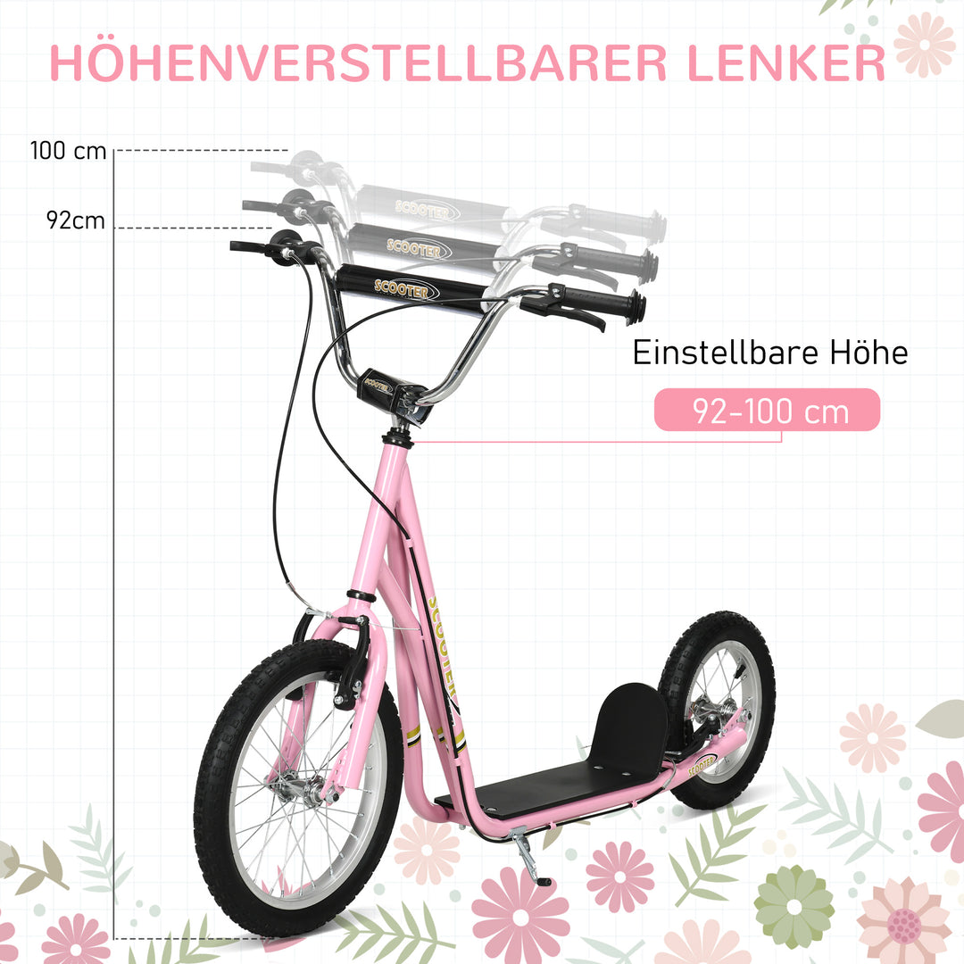 Børneløbehjul med luftgummidæk og håndbremse, 16 tommer højdejusterbart løbehjul til drenge og piger fra 5 år, pink løbehjul med kickboard