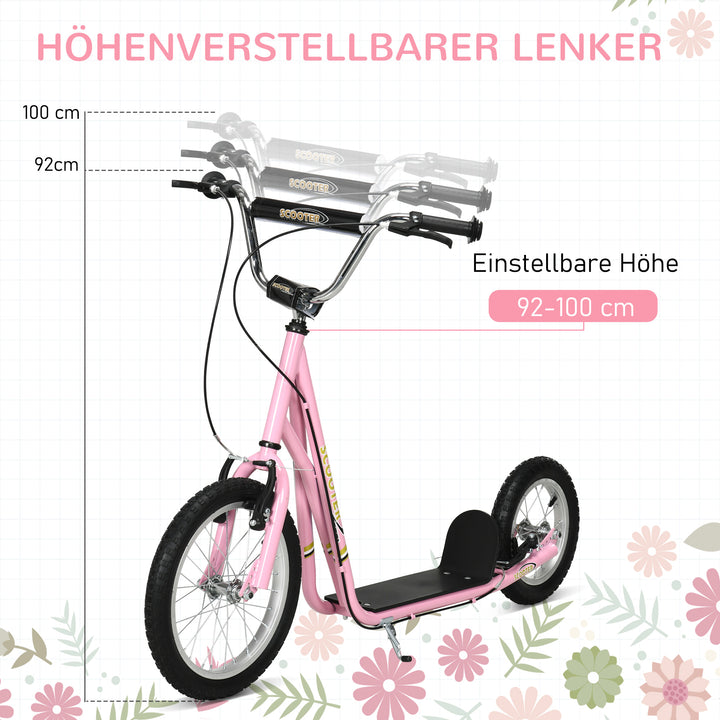 Børneløbehjul med luftgummidæk og håndbremse, 16 tommer højdejusterbart løbehjul til drenge og piger fra 5 år, pink løbehjul med kickboard