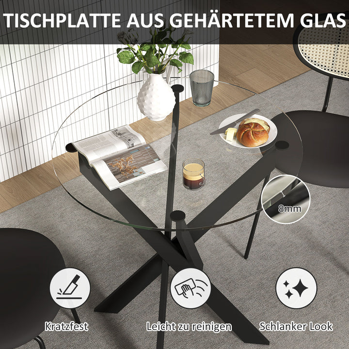 Moderne glas spisebord, 70 cm diameter, køkkenbord med hærdet glasplade og metalben, til 4 personer