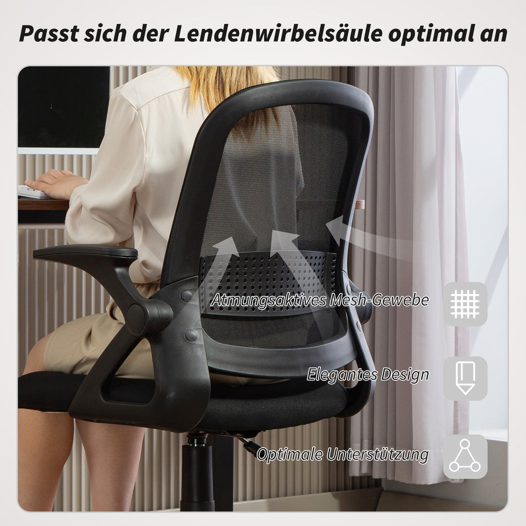 Åndbar netkontorstol, ergonomisk drejestol med foldbare armlæn og lændestøtte, sort