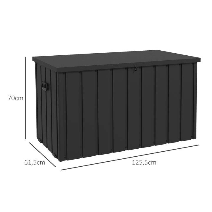 Opbevaringskasse, havekasse, 450L opbevaringsplads, 2 hjul, stålramme, 125x61x70 cm, mørkegrå