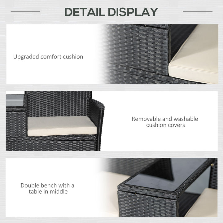 Havebænk polyrattan 2-personers uv-bestandig bænk med bordhynde ryglæn havemøbler parkbænk op til 240 kg lasteevne balkonbænk til haveterrasse balkon 133x63x84cm, sort