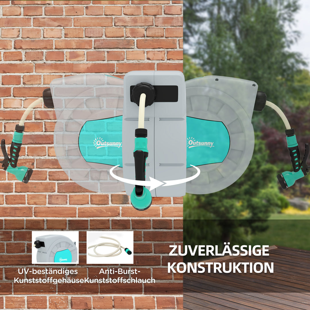 Haveslangeholder, 20+2 meter haveslange i robust hus, vægmontering, 7 sprøjtemønstre, 180° roterbar, grå