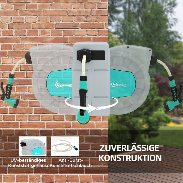 Haveslangeholder, 20+2 meter haveslange i robust hus, vægmontering, 7 sprøjtemønstre, 180° roterbar, grå