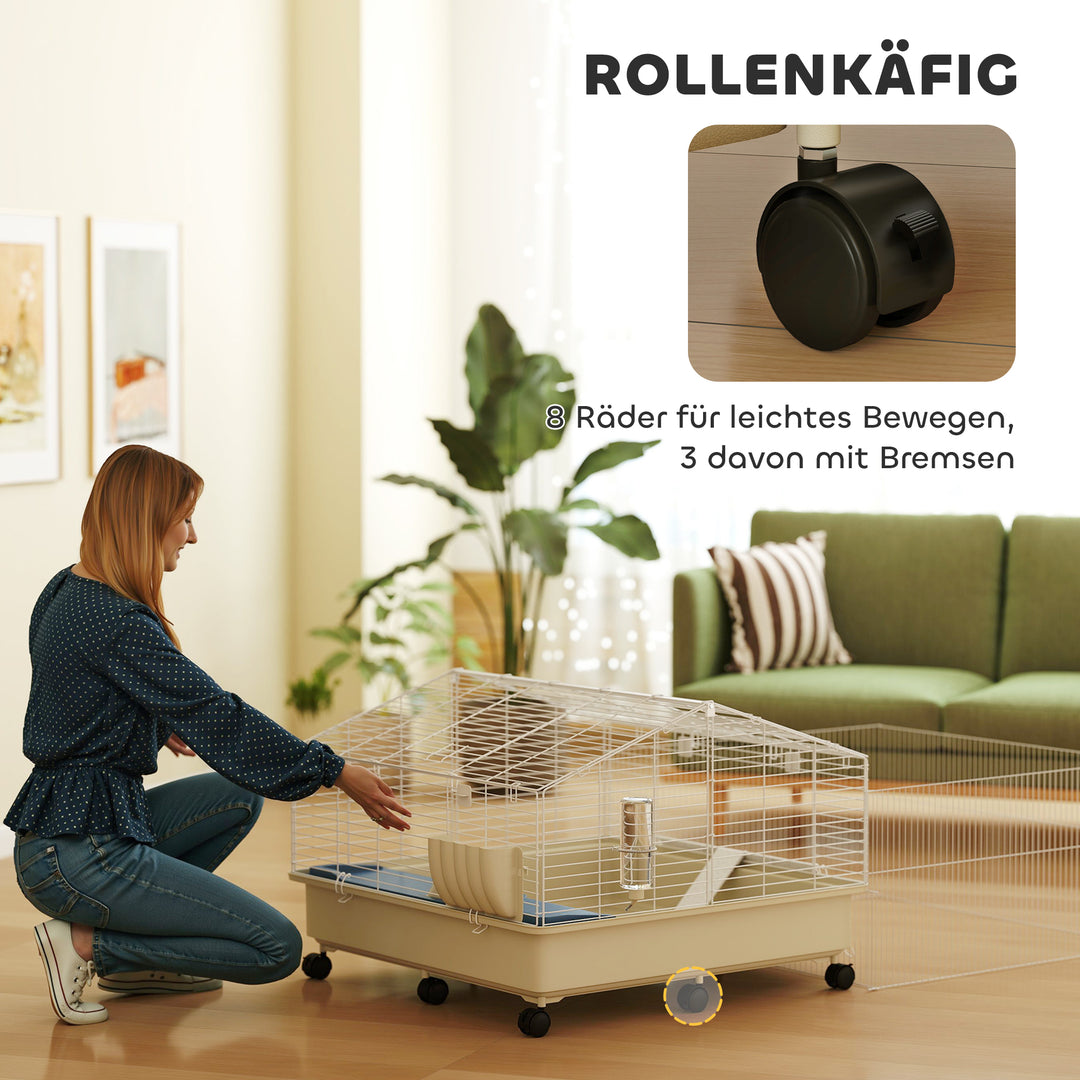 Bur til små dyr, balkon, rampe, fodertrug, vandflaske, 2-etagers design, hvid