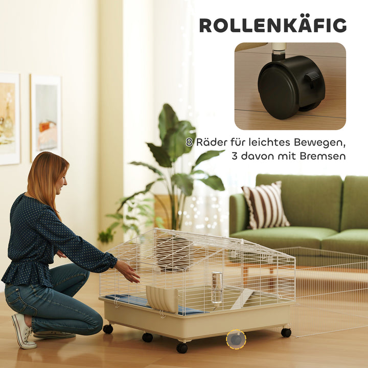 Bur til små dyr, balkon, rampe, fodertrug, vandflaske, 2-etagers design, hvid