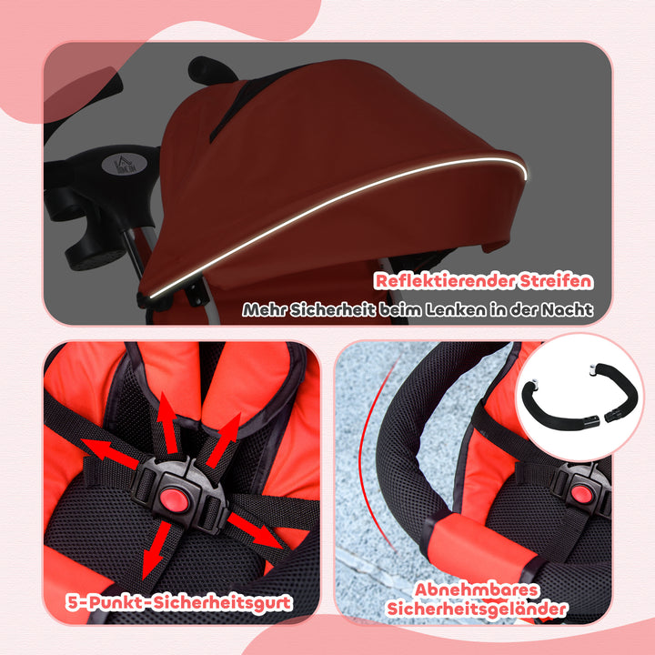 6-I-1 børnetrecykel med skubbehåndtag, kaleche, sele, opbevaringskurv, 18+ måneder, rød