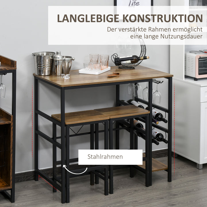 Barbordsæt, højbord med 2 barstole, 3-delt bordsæt køkkenbord med flaskeholder spånplade, stål, naturlig+sort, 108 x 60 x 95h cm
