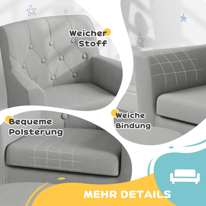 Børnelænestol med skammel, diamantmønsteret ryglæn, blødt sæde, træstel, grå