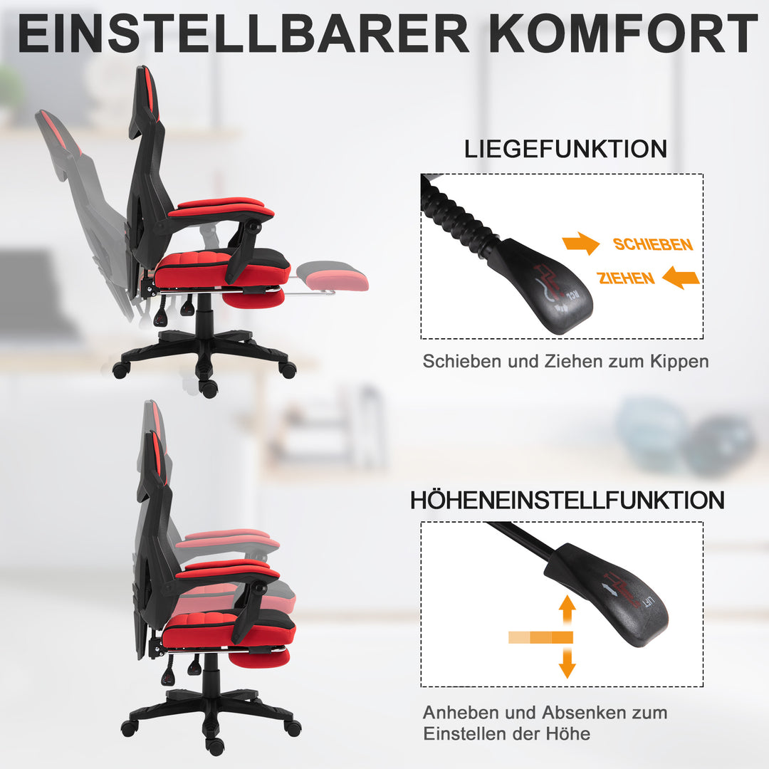 Ergonomisk kontorstol, gamingstol, drejestol med fodstøtte, pc-stol, executive-stol, højdejusterbar, polyester, sort+rød, 58 x 63 x 112-122 cm