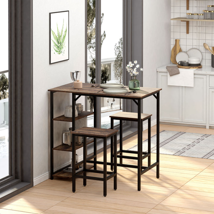 Barbordsæt højbord med 2 barstole spisebordsæt 3-delt bordsæt køkkenbord med hylder spånplade stål rustik brun+sort 109 x 60 x 100 cm