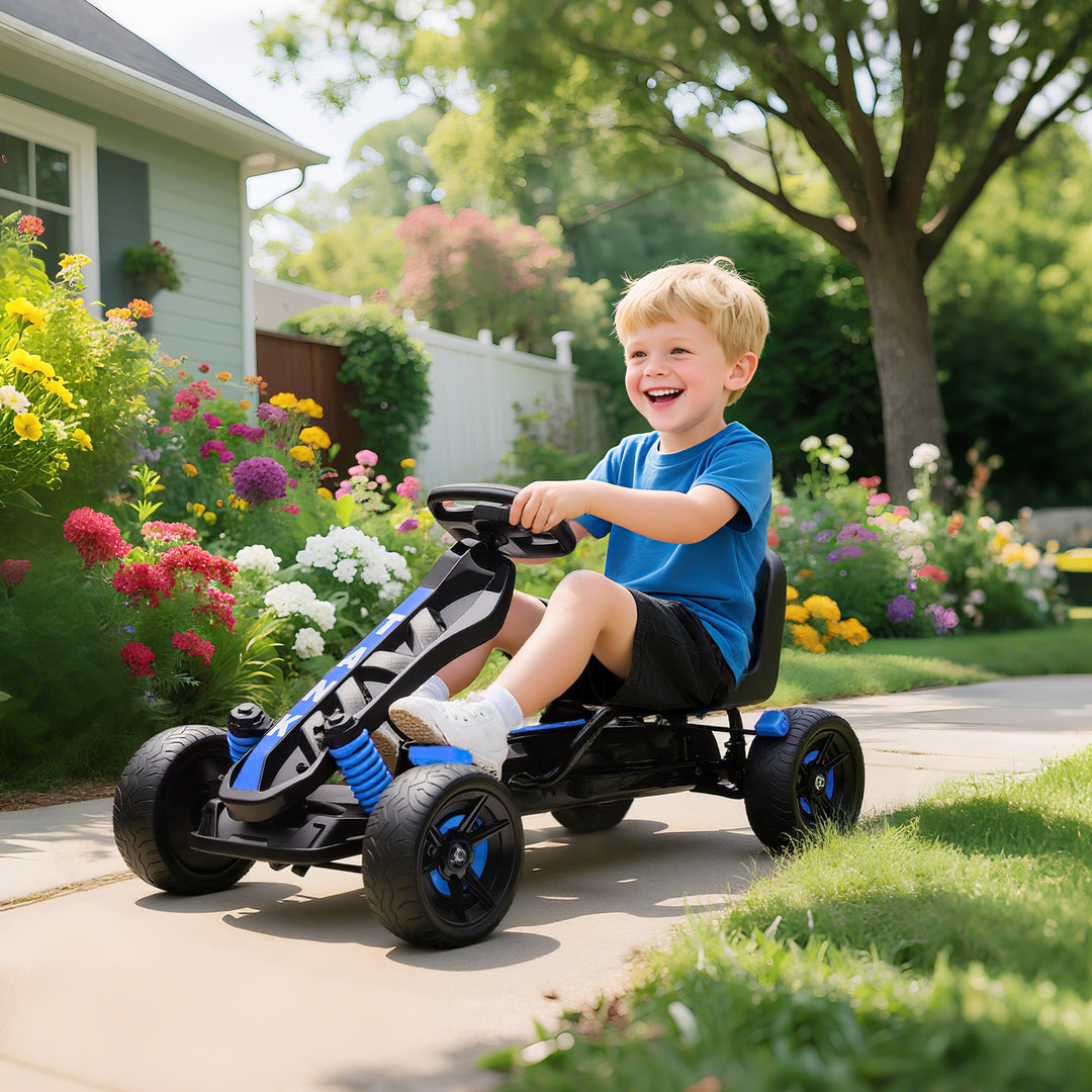 Gokart med pedaler, pedalbil til børn med bremse, skridsikre hjul, metalramme, 3-6 år, blå