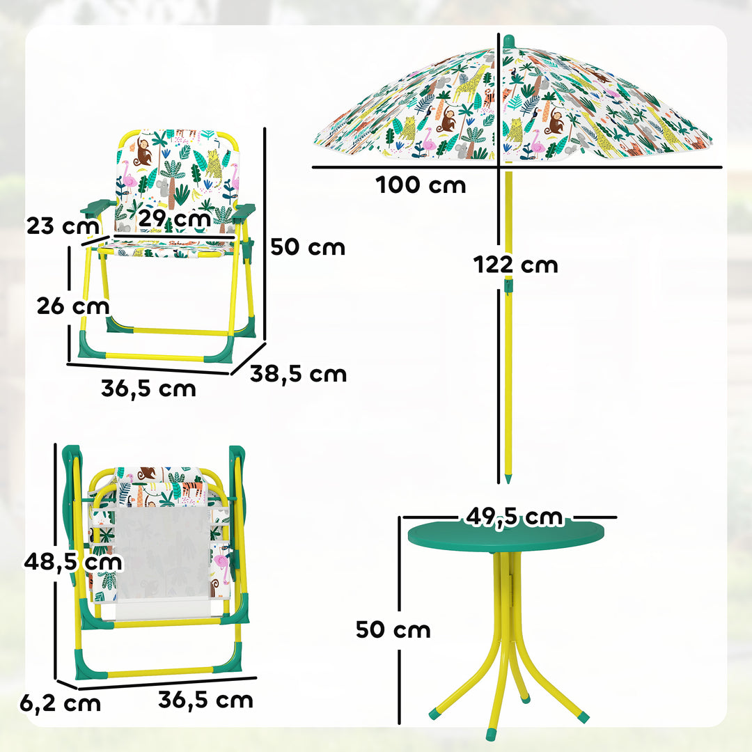 Børnesædesæt, 4-delt børnesædesæt med aftagelig parasol, børnebord med 2 klapstole, grøn
