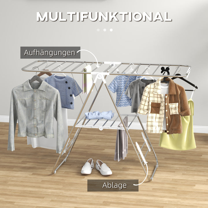 Tørrestativ 1,48 m tørrelængde bærbar stående tørretumbler med teleskopstænger, vingeformet tørrestativ til indendørs og udendørs brug, sølv + hvid