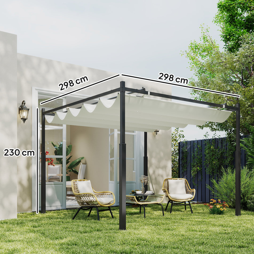 Havepergola, 3 x 3 m, udtrækkeligt tag og magnetisk pude, udendørs baldakin, havepavillon, UPF30+, metal, cremehvid