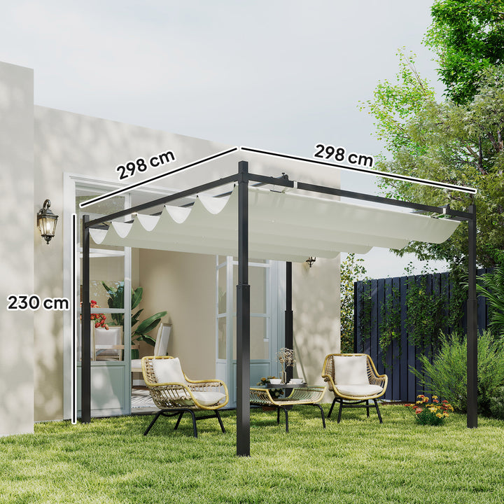 Havepergola, 3 x 3 m, udtrækkeligt tag og magnetisk pude, udendørs baldakin, havepavillon, UPF30+, metal, cremehvid