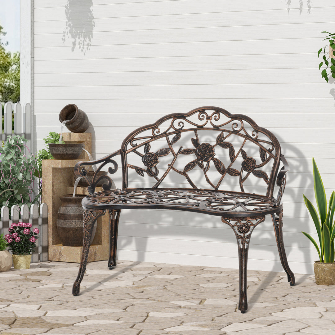 2-personers metal havebænk, bænk i retrostil, parkbænk med blomstermønster, 100 x 54 x 78 cm, bronze