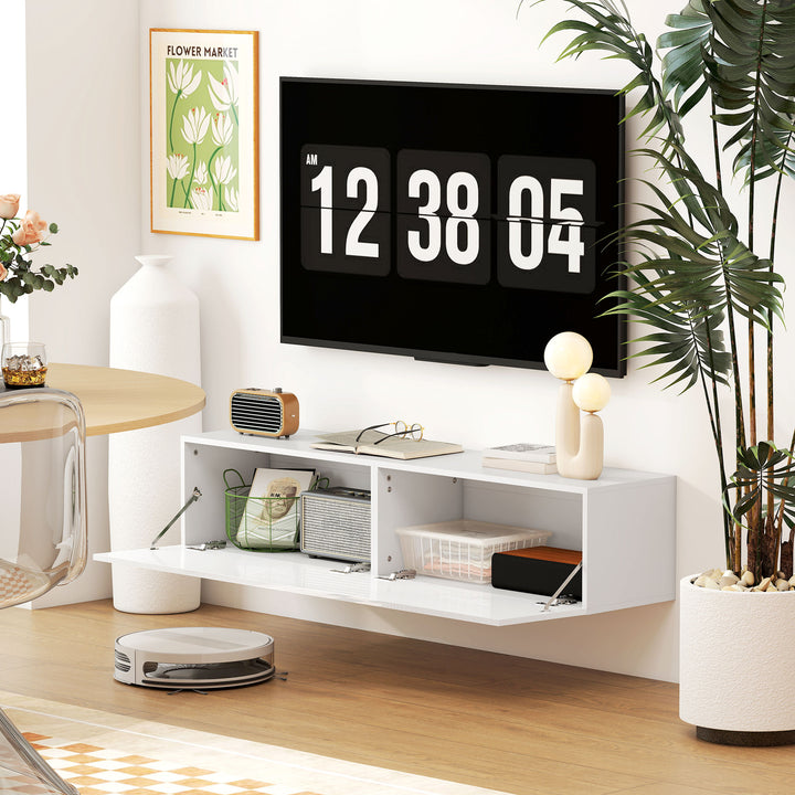 Vægmonteret tv-skab, svævende tv-bord med masser af opbevaringsplads, spånplade, hvid